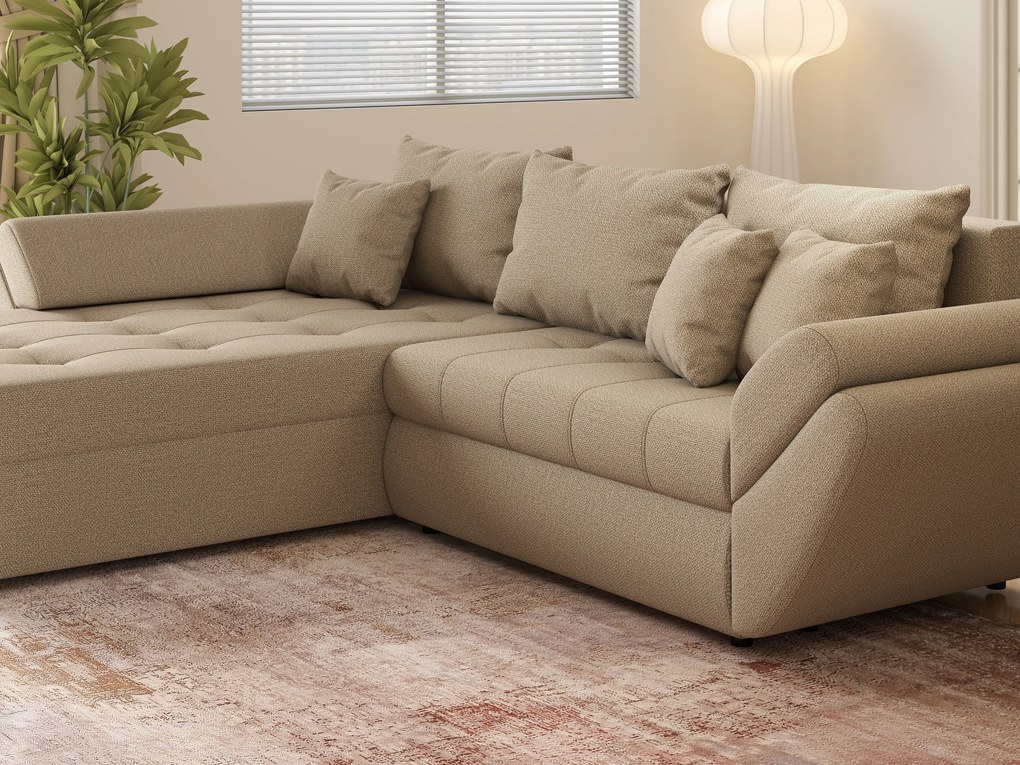 Colțar extensibil dumonde cu ladă de depozitare si sezut confortabil din spuma high-density, Loana Enjoy Camel 270x185 cm