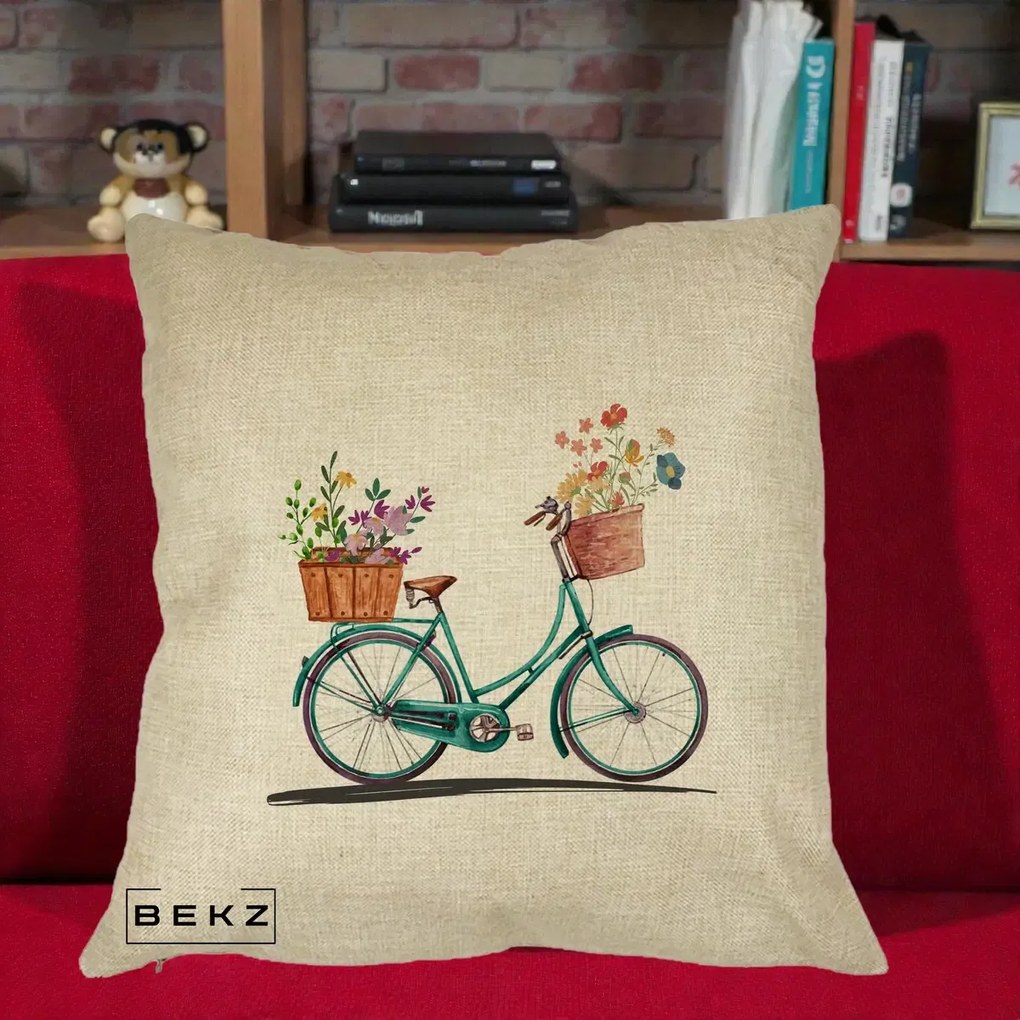 Perna Decorativa Bicicleta Florala Turcoaz Acuarela, 40x40 cm, Crem, Husa Detasabila, Perna Inclusa, BEKZ®