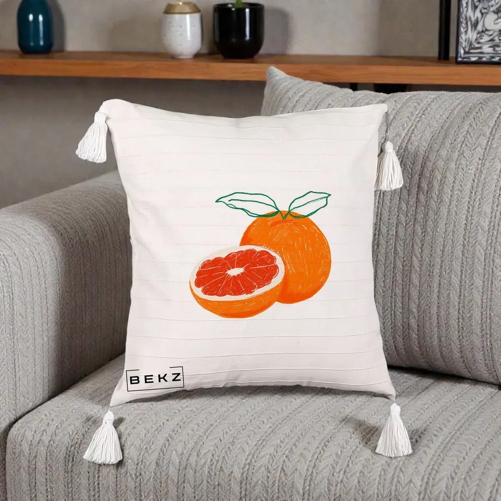 Perna Decorativa Grepfrut Citrus, 40x40 cm, Bej cu Franjuri, Husa Detasabila, Perna Inclusa, BEKZ®