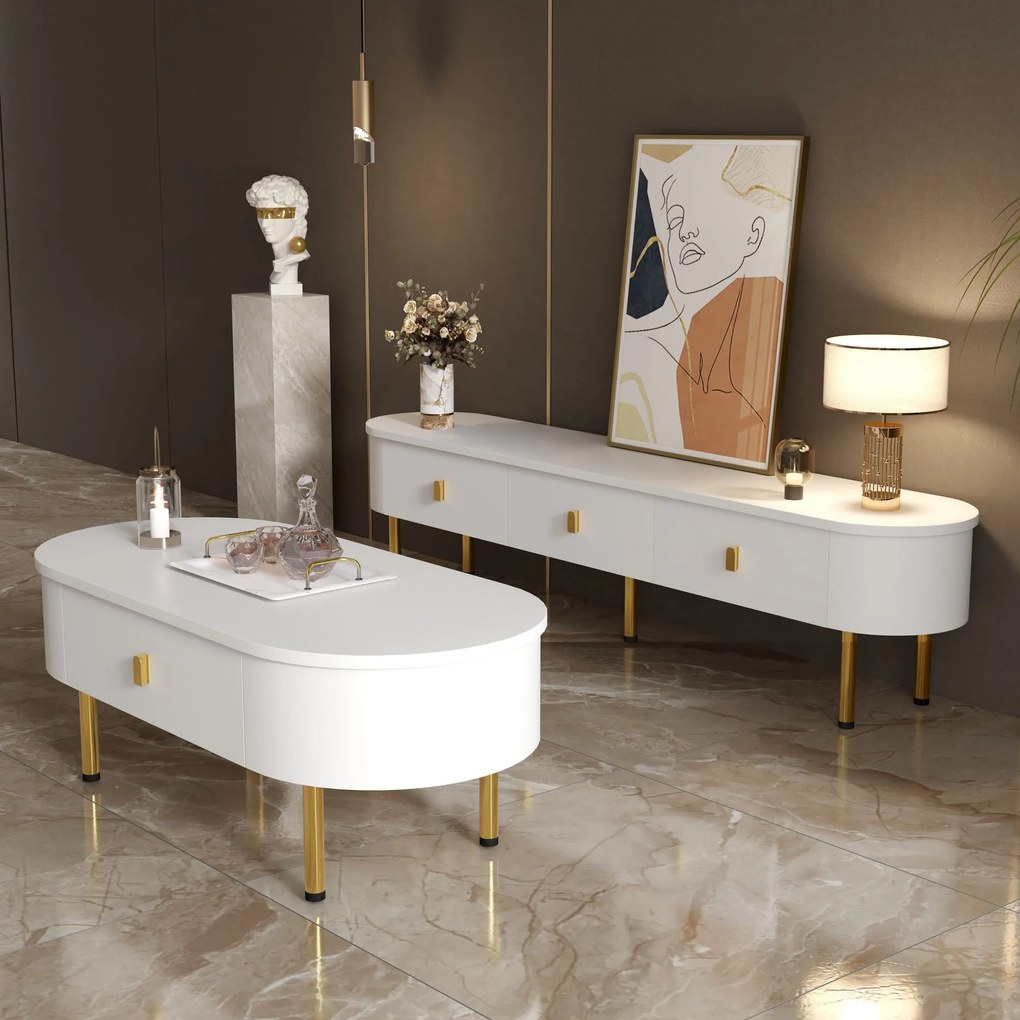 TV-dulap-masă de cafea-combinație, living-combinație cu sertare și colțuri rotunjite, Alb+Auriu