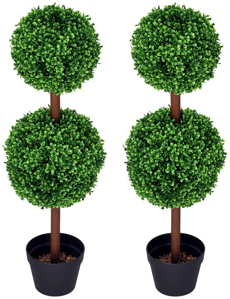HOMCOM Set de 2 arbori buxus artificial cu dublă mingi cu trunchi și ghiveci inclus - înălțime 90 cm verde | Aosom Romania