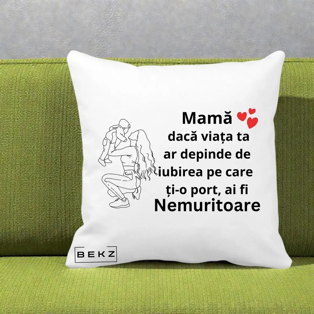 Cadou pentru Mama - Perna Personalizata Mama Nemuritoare Portret Graphic, 40x40 cm, Alba Mata, Husa Detasabila, Perna Inclusa, BEKZ®