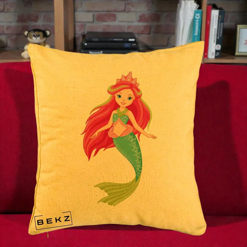 Perna Decorativa Sirena Roz cu Coroana, 40x40 cm, Galben, Husa Detasabila, Perna Inclusa, BEKZ®
