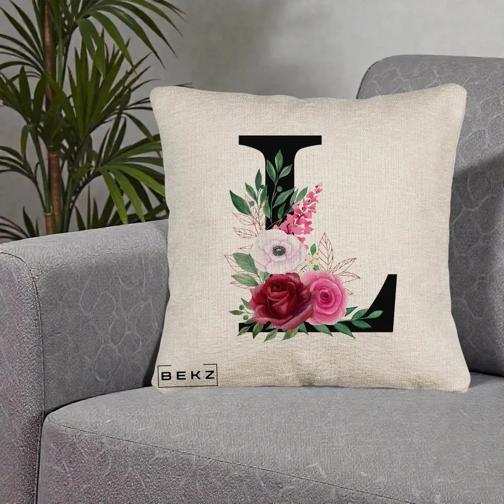 Cadou Personalizat - Perna Personalizata Monograma Florala Litera L, 40x40 cm, Bej Canapea, Husa Detasabila, Perna Inclusa, BEKZ®