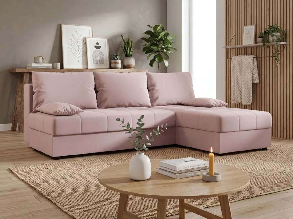 Coltar extensibil de colt VENORIA SLIM, roz pudra, reversibil, 200x143 cm + 2 perne GRATUIT
