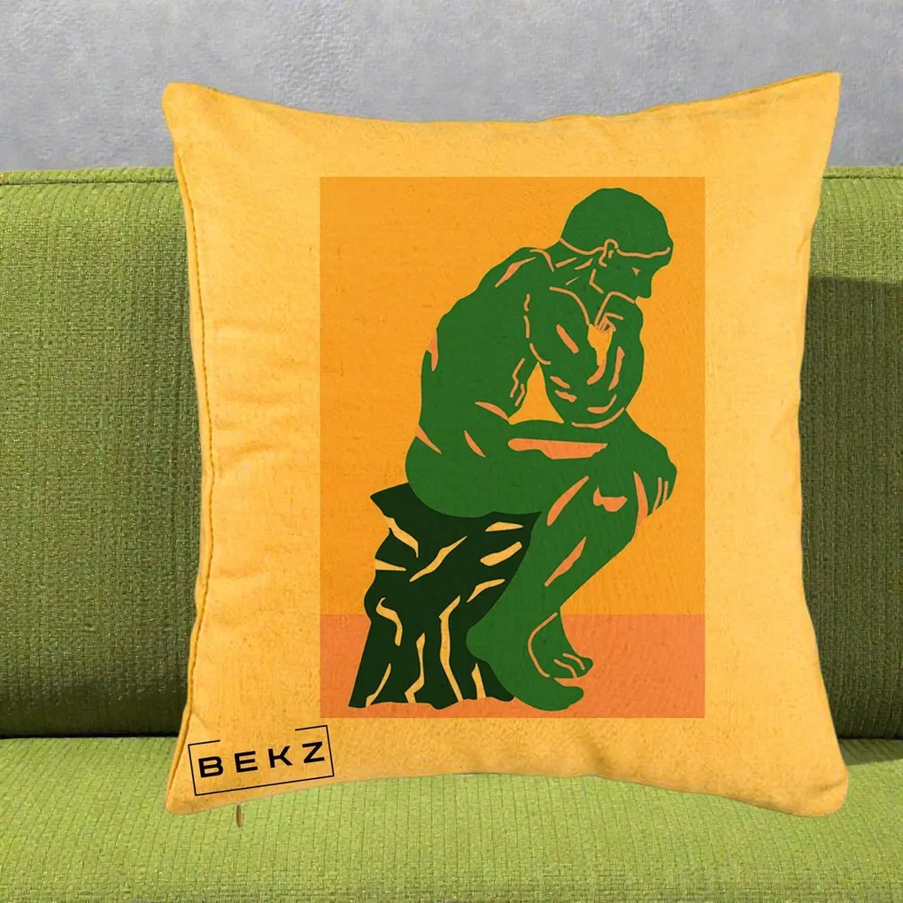 Perna Decorativa Ganditorul Sculptura Pop Art, 40x40 cm, Galben, Husa Detasabila, Perna Inclusa, BEKZ®