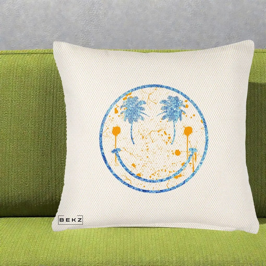 Perna Decorativa Smiley Face Tropical Albastru Glitter si Portocaliu, 40x40 cm, Crem Reliefat, Husa Detasabila, Perna Inclusa, BEKZ®