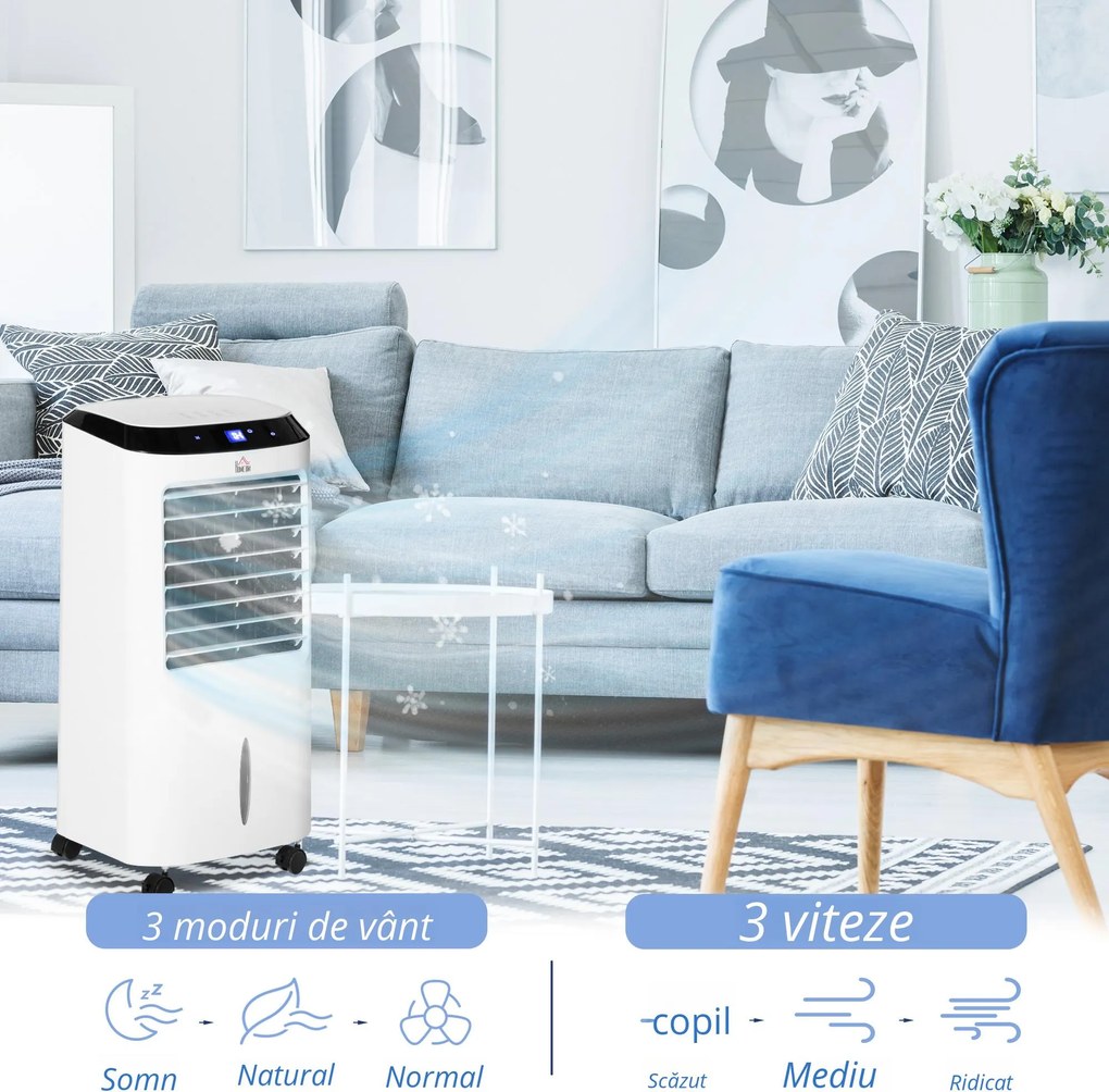 HOMCOM Răcitor de Aer Portabil 4-în-1 de 10L cu Umidificator, Sistem de Răcire, Timer 8 Ore, Telecomandă, pentru Încăperi de până la 20㎡, 60W, ABS, Alb și Negru, 38,2 x 31,6 x 76 cm | Aosom Romania