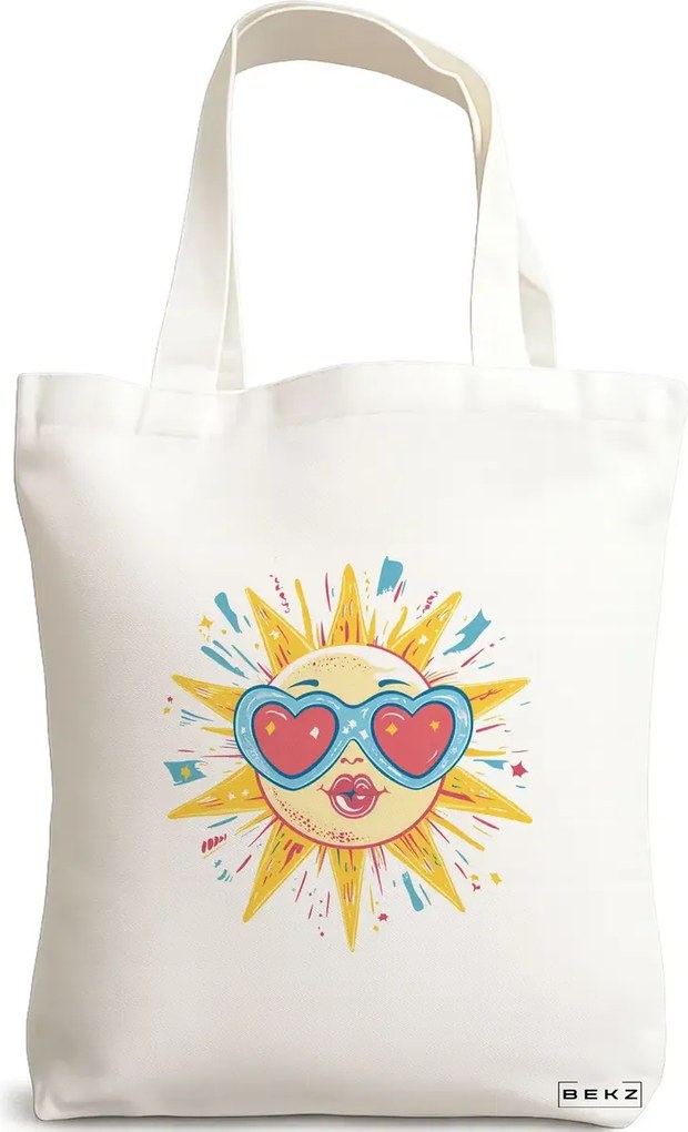 Sacosa de Panza pentru Cumparaturi, Geanta Tote, model Sun faces 23 38 x 34.5 cm, Alba, BEKZ®