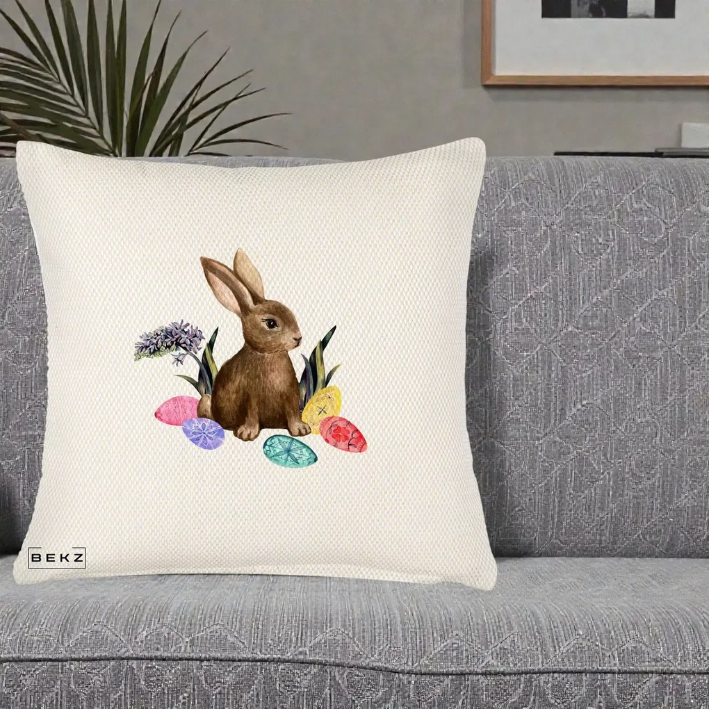 Perna Decorativa Iepuras cu Oua de Pasti Acuarela, 40x40 cm, Crem Reliefat, Husa Detasabila, Perna Inclusa, BEKZ®