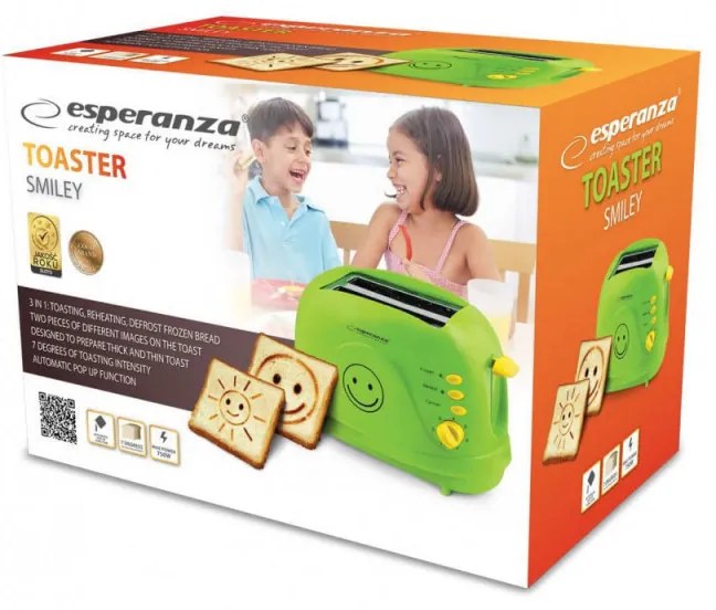 Prajitor de paine Esperanza EKT003 Smiley, 750W, 2 forme cu zambet, 7 trepte, Verde