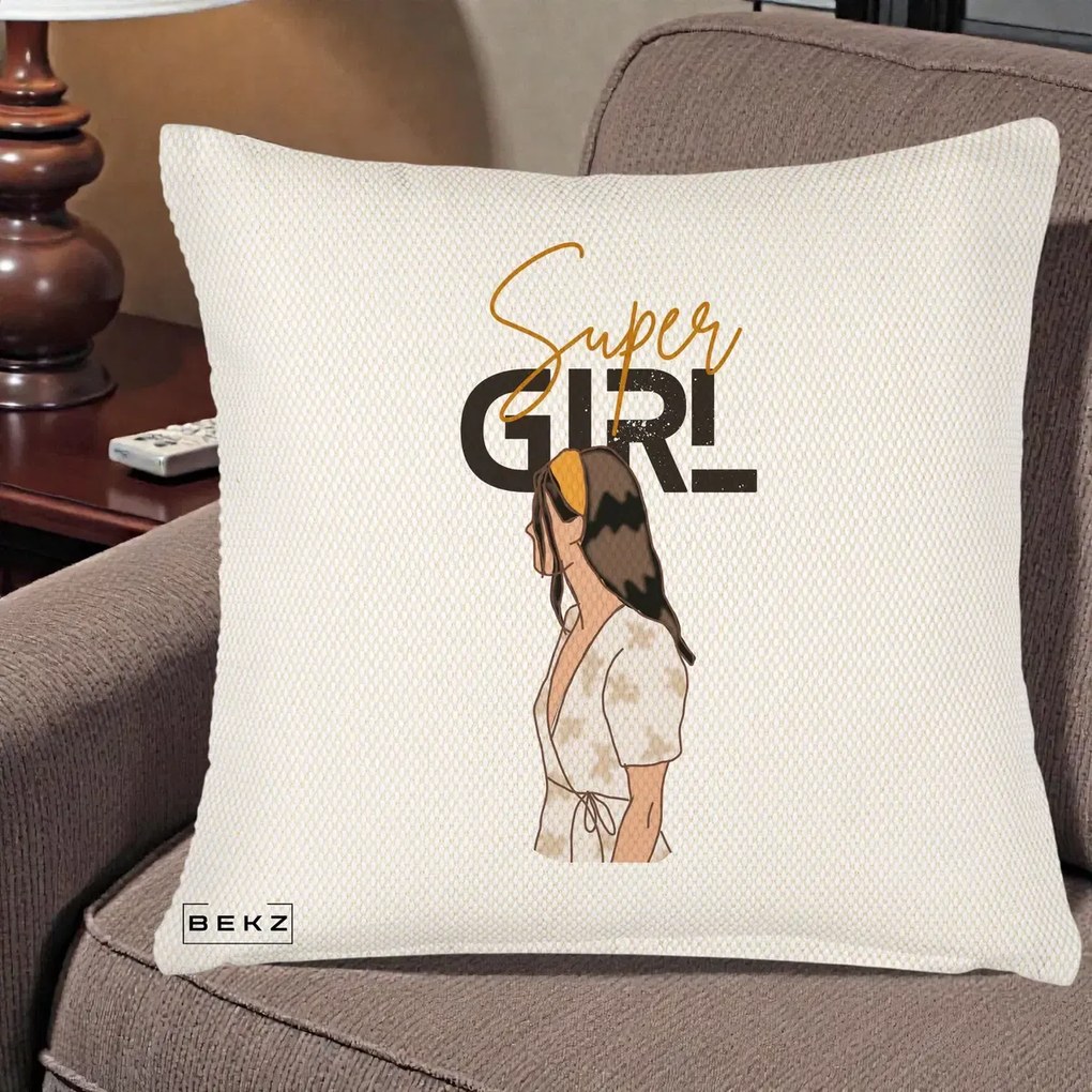 Perna Decorativa Super Girl Aesthetic, 40x40 cm, Crem Reliefat, Husa Detasabila, Perna Inclusa, BEKZ®