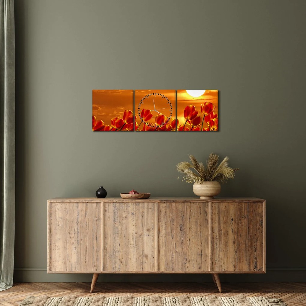 Tablou - lan înflorit de lalele (cu ceas) (90x30 cm)