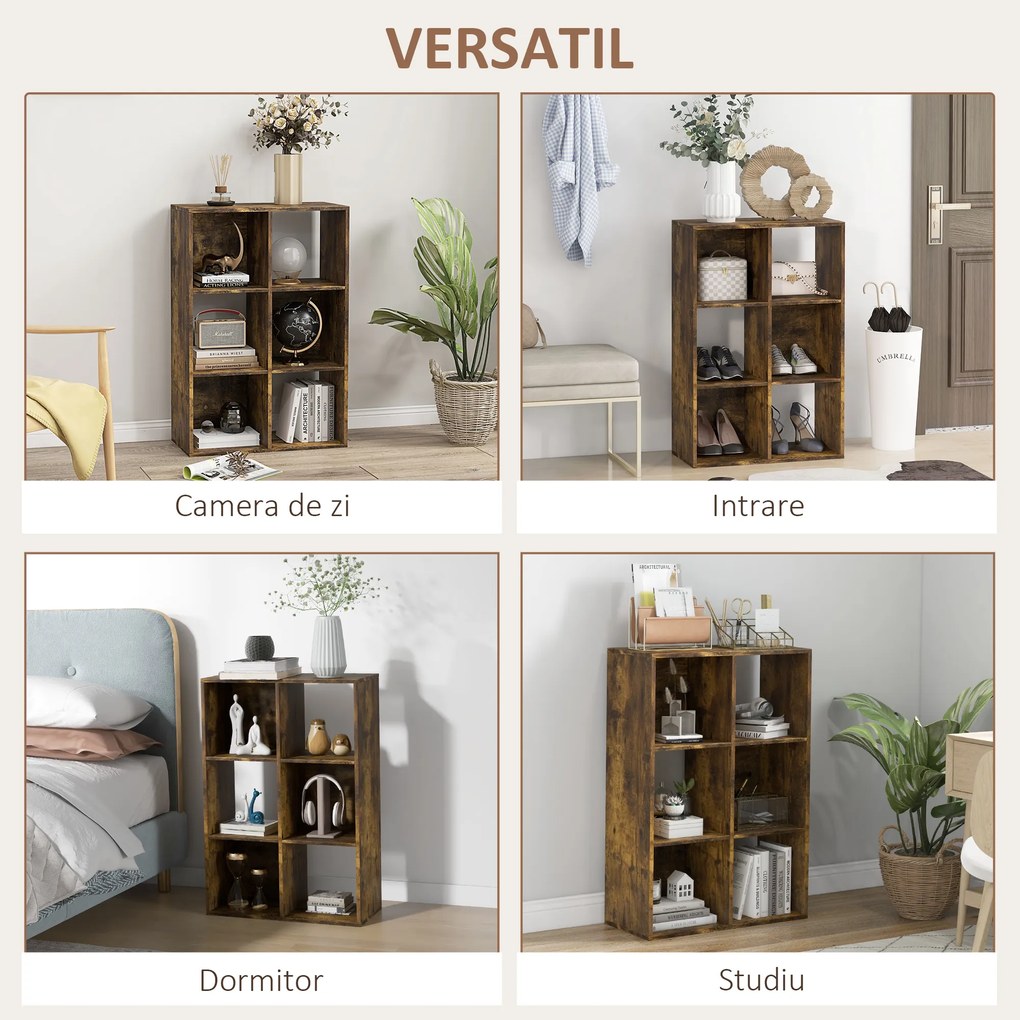 HOMCOM Bibliotecă Modernă Modulară cu 6 Compartimente din PAL, Maro | Aosom Romania