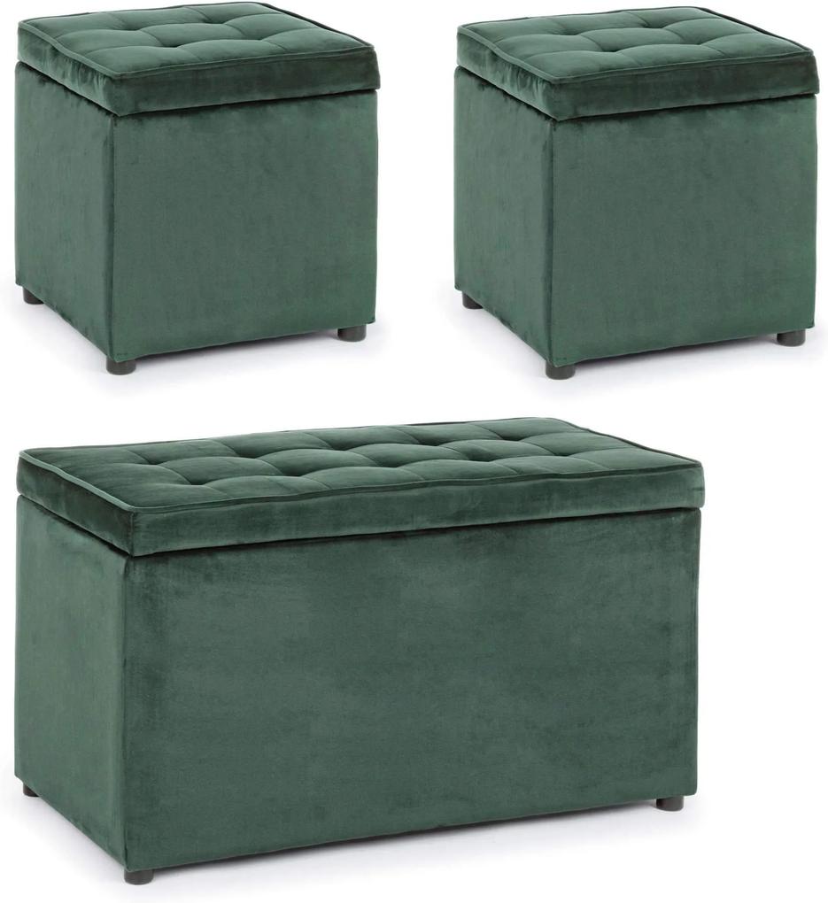 Set bancheta si 2 pufi catifea verde cu capac Bellville Green Velvet Bench/2Pouf | PRIMERA COLLECTION