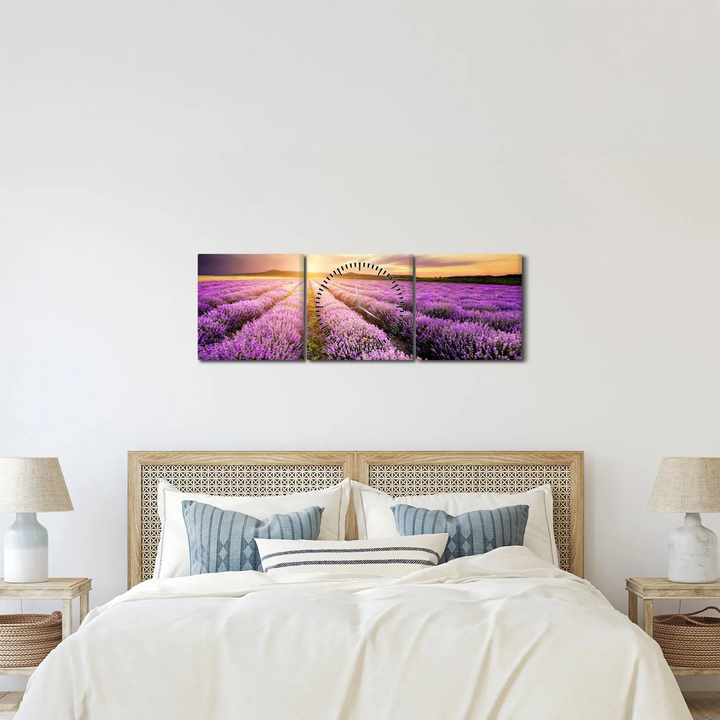 Tablou - Răsărit de soare în câmp de lavandă (cu ceas) (90x30 cm)