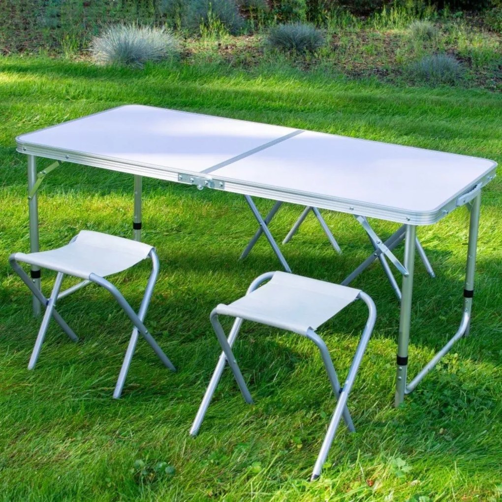 Set mobilier de camping pliabil, Jumi, alb, masă cu picioare reglabile și 4 tabureți