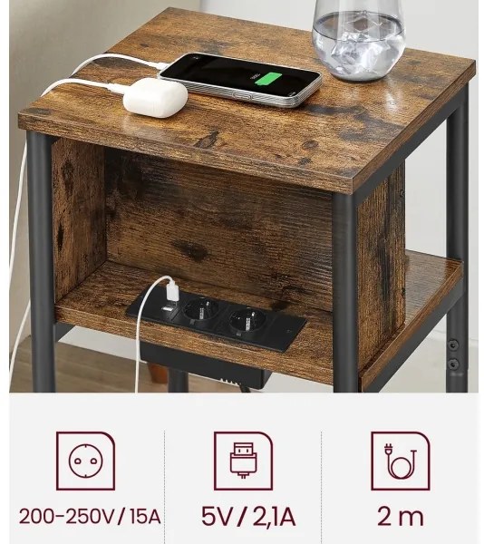 Noptieră ROD, maro/negru, cu prize electrice și porturi USB încorporate