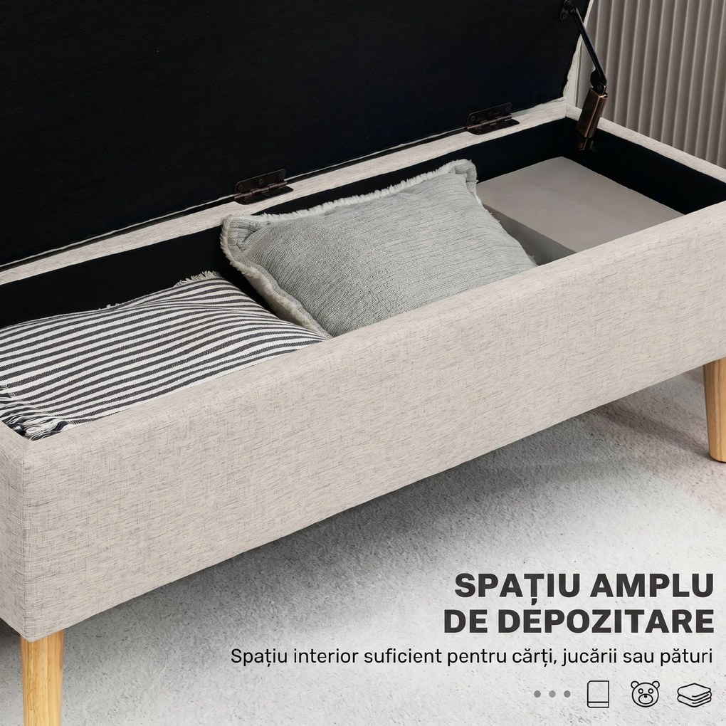 HOMCOM bancă cu spațiu de depozitare 110 x 39 x 45 cm din material cu aspect de in, picioare din lemn de cauciuc, capacitate 220 kg, bej | Aosom Romania