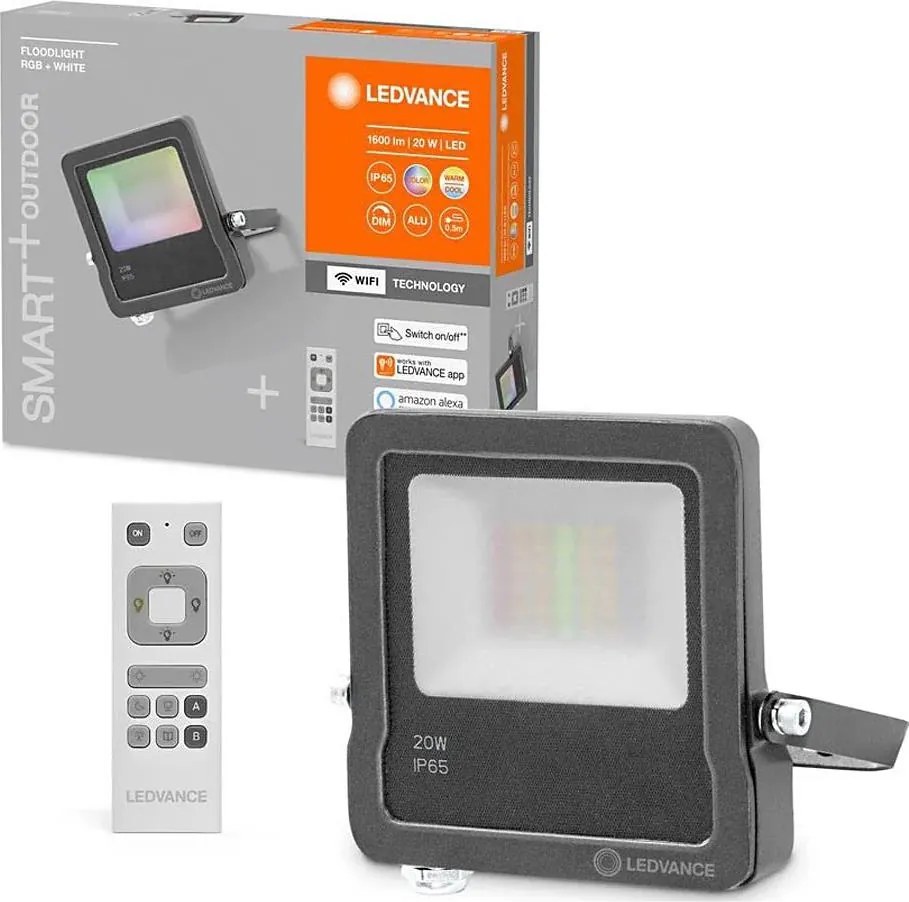 Ledvance - Proiector LED RGBW pentru exterior, 20 W, 230 V, 3000 K, IP65, Wi‑Fi, cu telecomandă