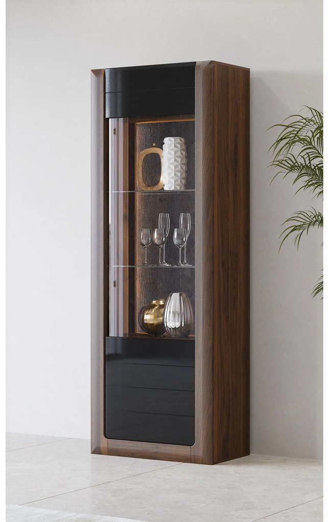 Vitrină Kassie Typ 05 (negru lucios + nuc columbia) (cu iluminat). 1108360