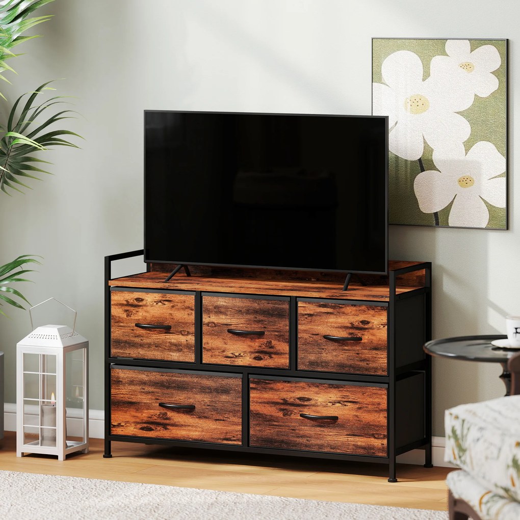 HOMCOM Comodă, mobilier de depozitare cu 5 sertare pliabile din țesătură, blat și cadru din oțel, 98 x 29 x 63 cm, maro rustic | Aosom Romania