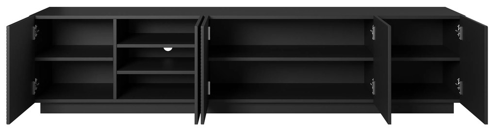 Comodă TV Asha 200 cm, cu 5 uși și fronturi riflate – negru mat