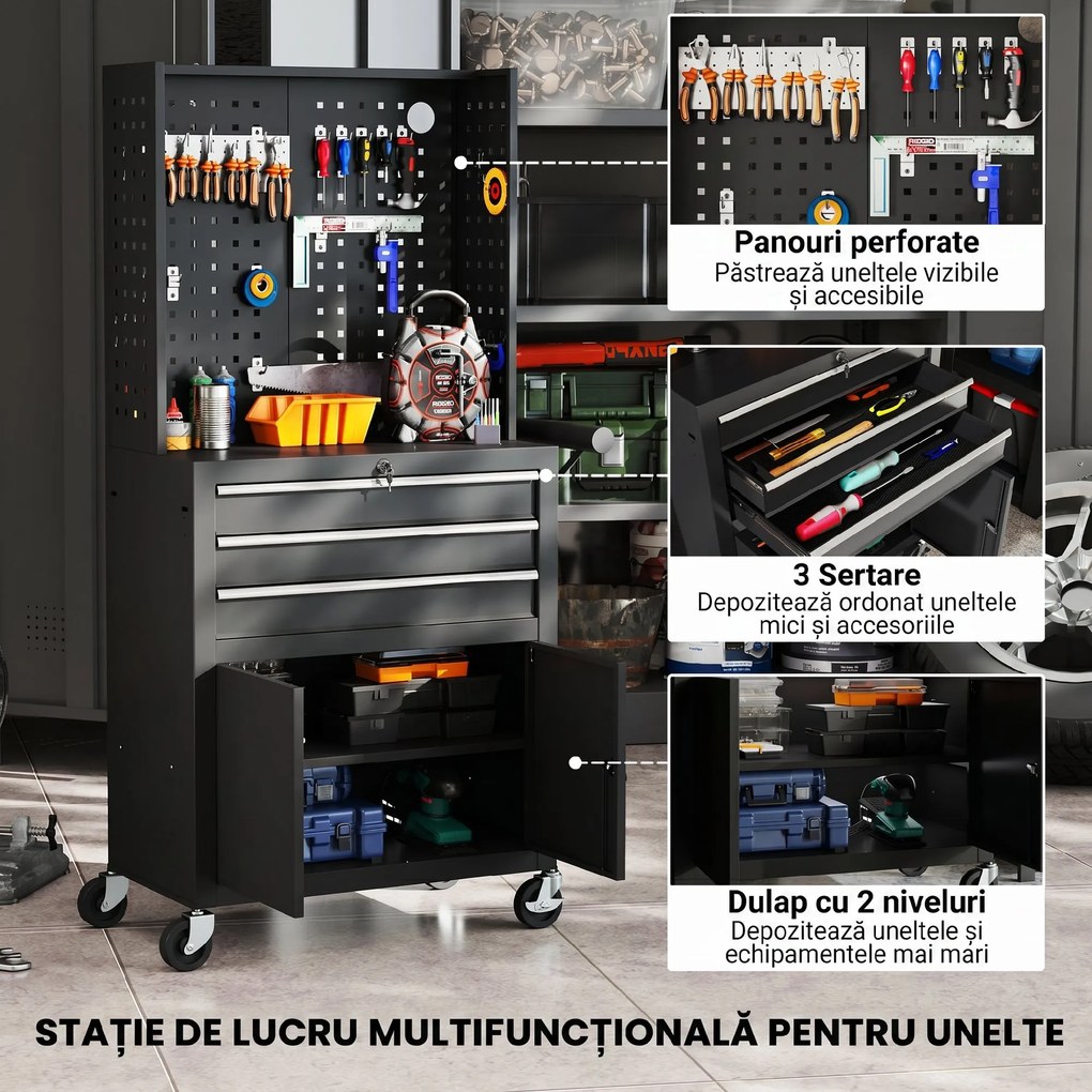 HOMCOM Cărucior de Scule din Oțel cu Blat de Lucru, 3 Sertare, Dulap, Panouri Perforate, Roți, Negru | Aosom Romania