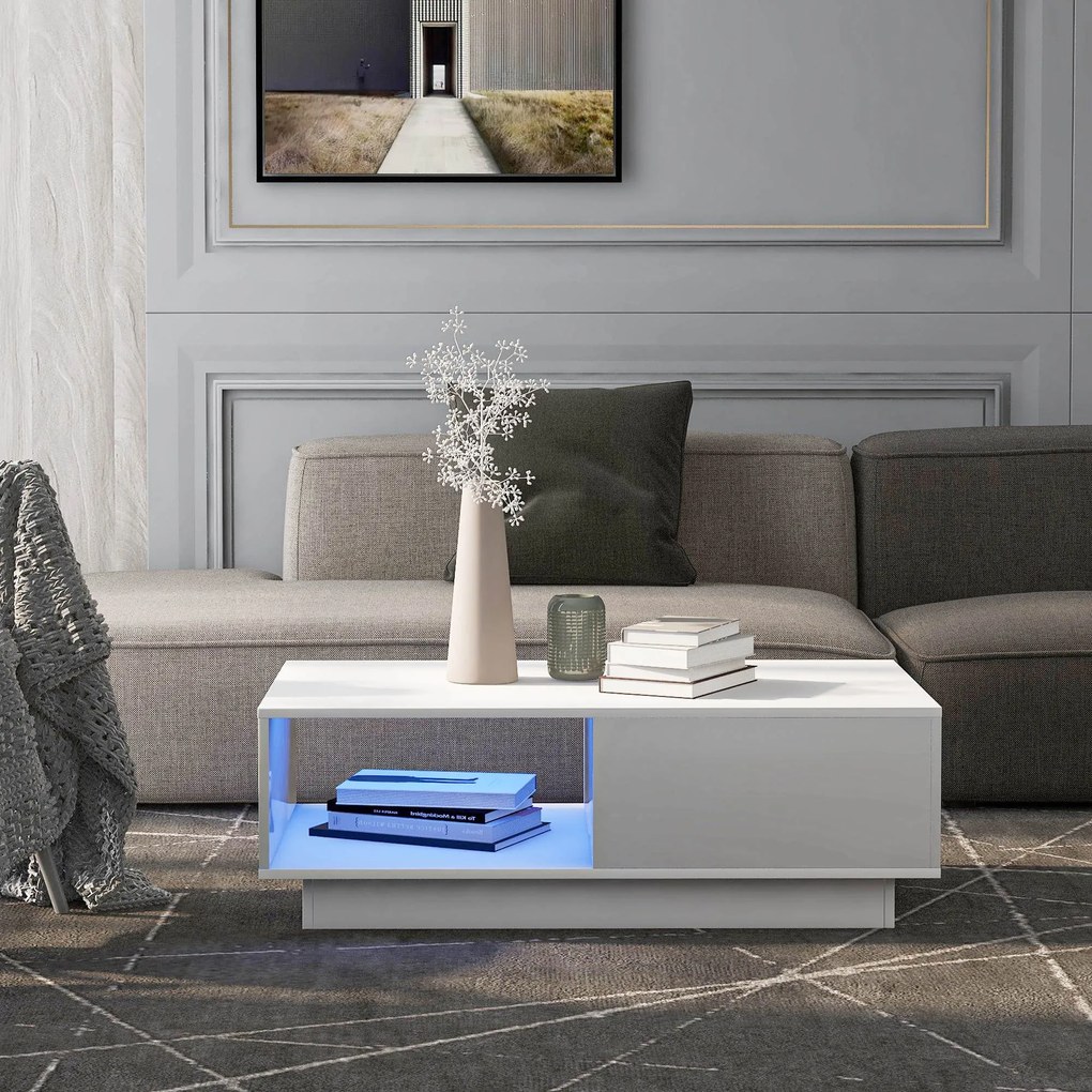 Măsuță de Cafea Modernă cu Iluminare LED Multicoloră în 15 Moduri, din MDF și Plăci de Particule, 95x55x32 cm, Albă