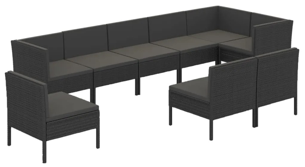 Set mobilier de gradina cu perne, 9 piese, negru, poliratan 3x colt + 6x mijloc, 1