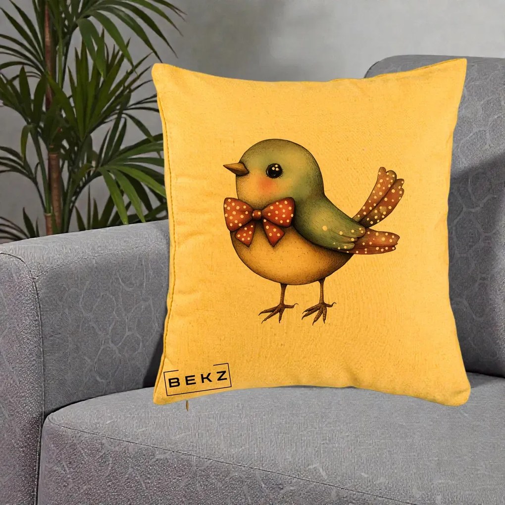 Perna Decorativa Pasare Bleu cu Fundita Rosie, 40x40 cm, Galben, Husa Detasabila, Perna Inclusa, BEKZ®