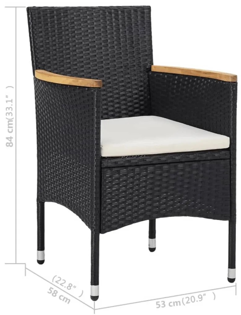 Set mobilier gradina, 3 piese, negru, poliratan si lemn acacia negru si maro, 3