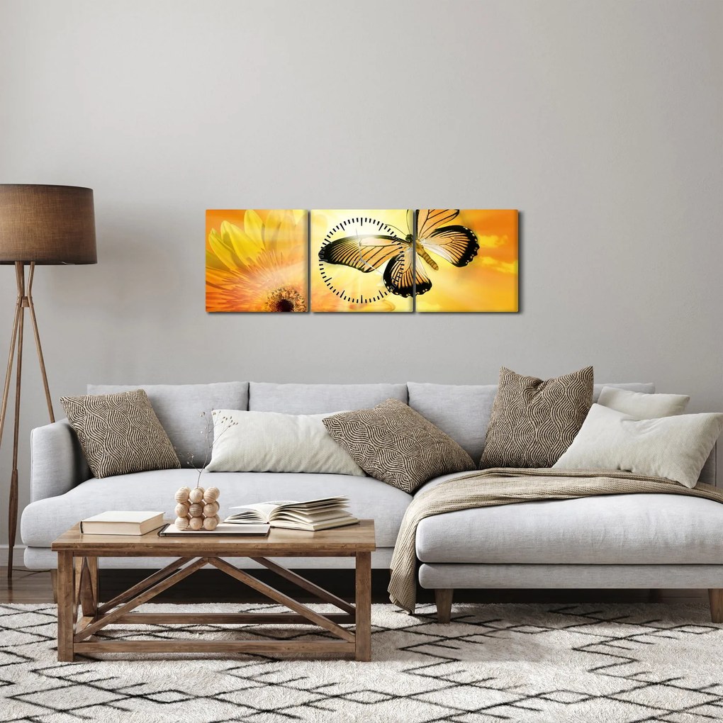 Tablou - Fluture galben cu flori (cu ceas) (90x30 cm)