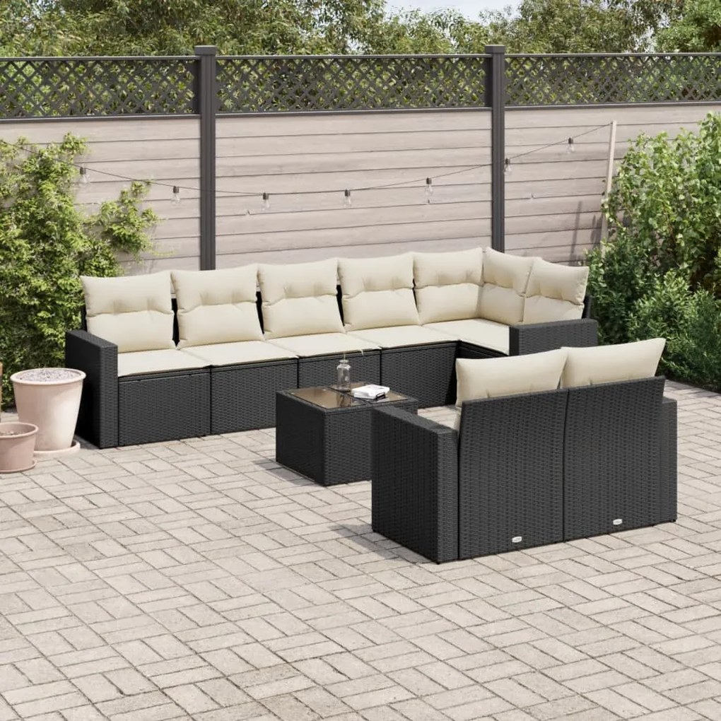 Set mobilier de gradina cu perne, 9 piese, negru, poliratan