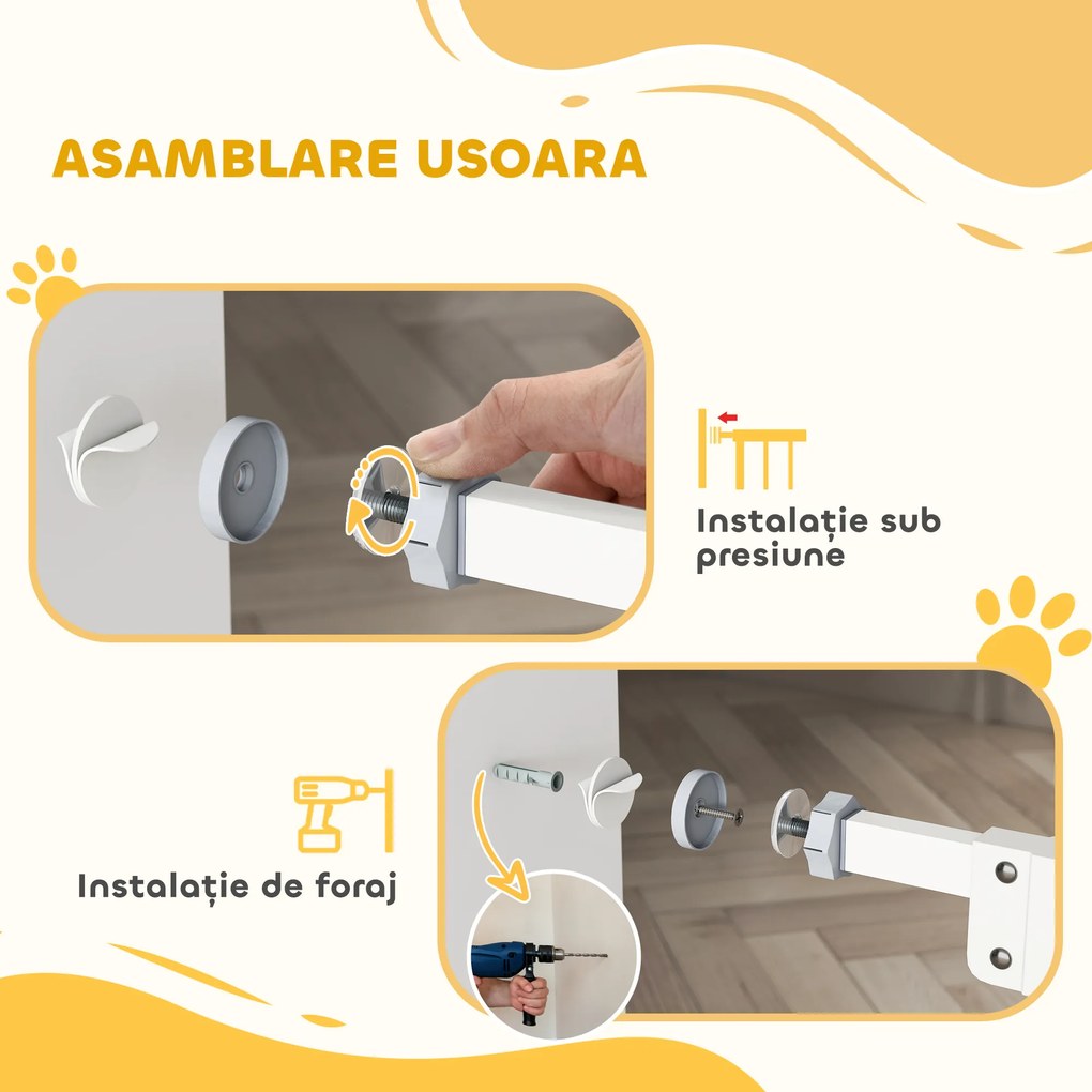 PawHut Poartă Reglabilă pentru Câini cu Ușă Mică și Montaj prin Presiune, 74-80x91.4 cm, Alb | Aosom Romania