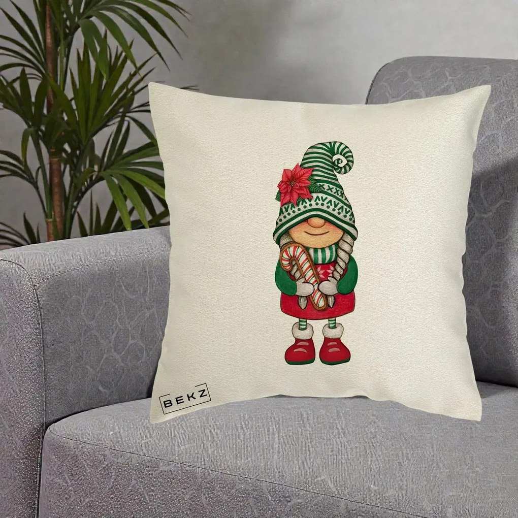 Perna Decorativa Gnom Craciun Verde cu Bomboane si Floare, 40x40 cm, Ecru, Husa Detasabila, Perna Inclusa, BEKZ®