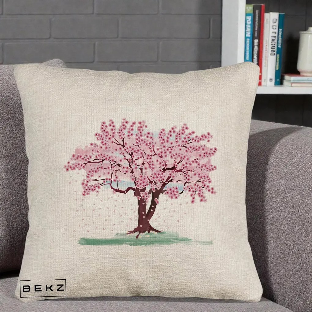 Perna Decorativa Cires Inflorit Acuarela, 40x40 cm, Bej Canapea, Husa Detasabila, Perna Inclusa, BEKZ®