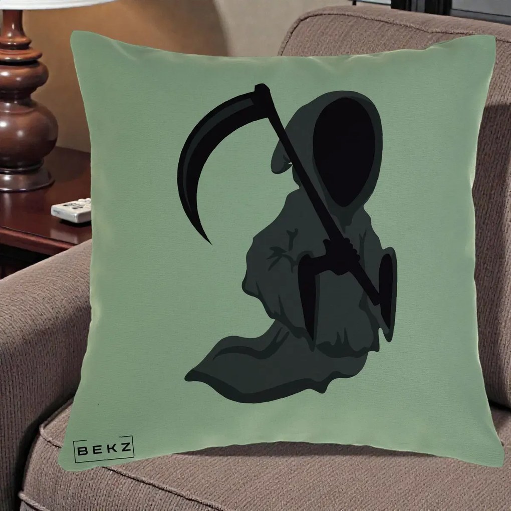 Perna Decorativa Moartea cu Coasa Grim Reaper Halloween, 40x40 cm, Verde, Husa Detasabila, Perna Inclusa, BEKZ®