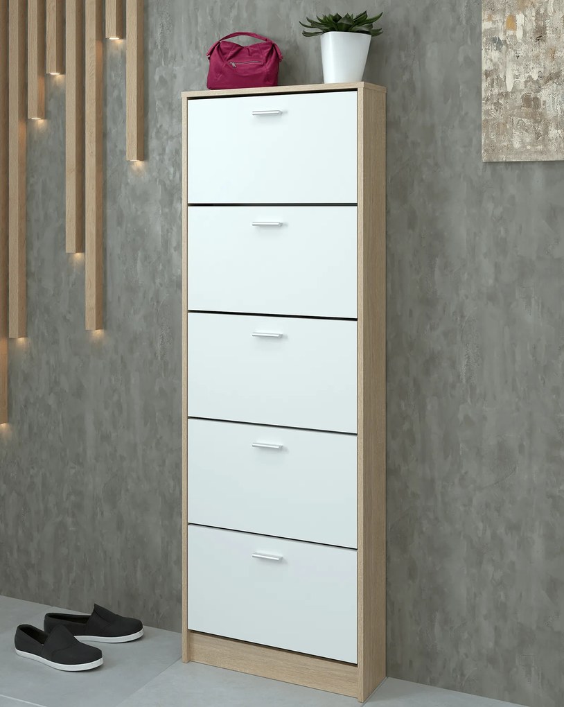 Dulap pantofi, 5 rafturi, stejar sonoma/ alb, MOBI 15
