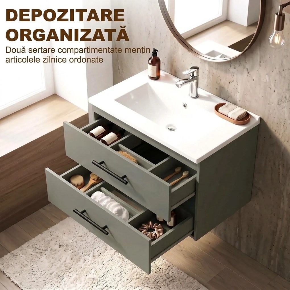 HOMCOM Dulap pentru Baie cu Lavoar din Ceramică, 2 Sertare, 61 x 40 x 48 cm, Verde | Aosom Romania