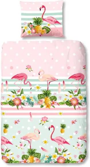 Lenjerie de pat din bumbac pentru copii Good Morning Flamingo, 140 x 200 cm
