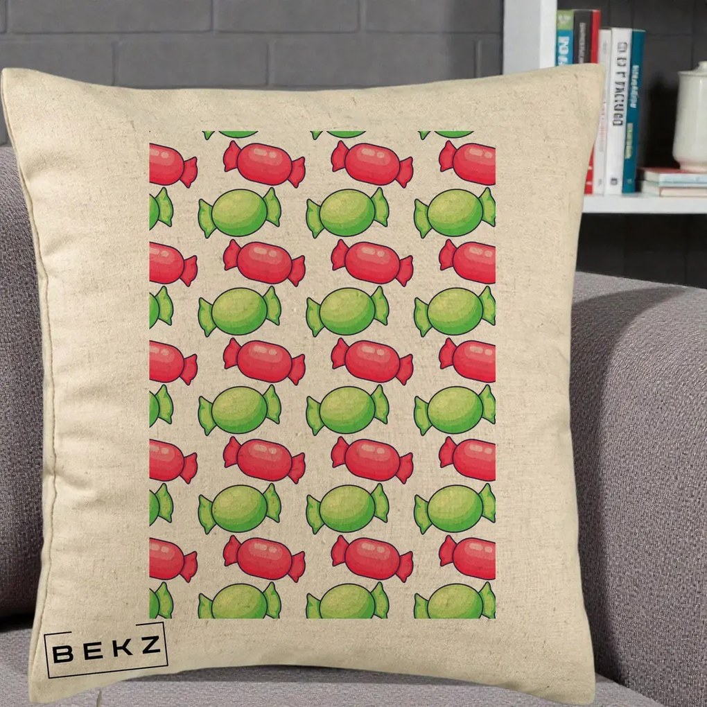 Perna Decorativa Bomboane Craciun Pattern, 40x40 cm, Bej, Husa Detasabila, Perna Inclusa, BEKZ®