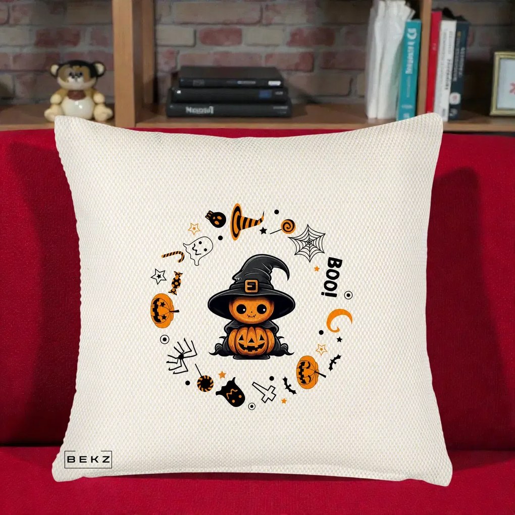 Perna Decorativa Halloween Dovleac Vrajitor Boo cu Simboluri, 40x40 cm, Crem Reliefat, Husa Detasabila, Perna Inclusa, BEKZ®