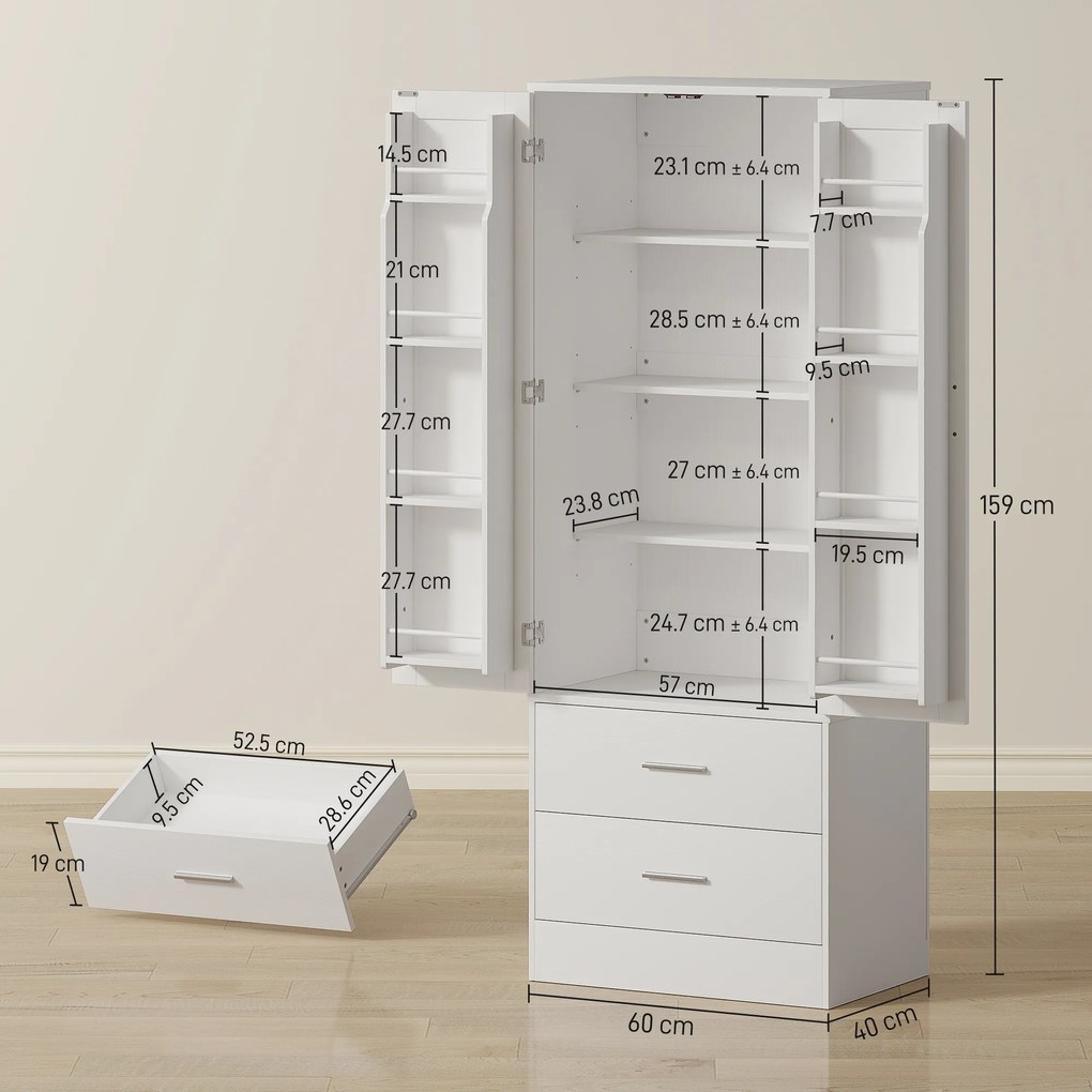 HOMCOM Dulap de Bucătărie cu 8 Rafturi pentru Condimente și 2 Sertare, 60x40x159 cm, Alb | Aosom Romania