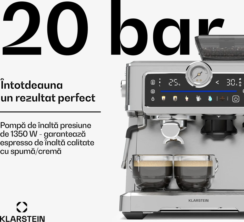 Klarstein Aparat de cafea GrandPresso Touch, 20 bar, râșniță integrată, indicator de presiune, spumă de lapte