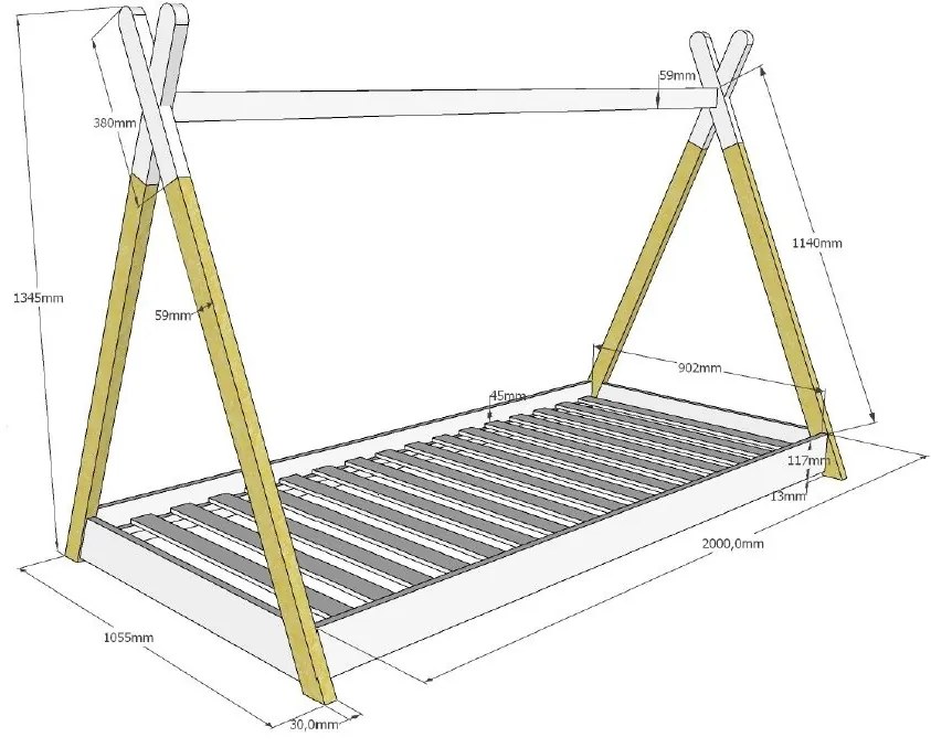 Set TIPI format dintr-un Pat copii (90 x 200 cm) și un set textil asortat.