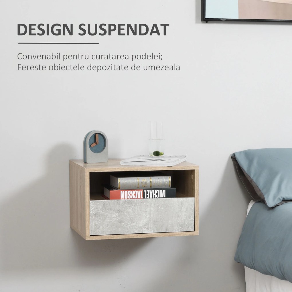 HOMCOM Set de 2 Noptiere Suspendate din Lemn cu Sertar și Raft Deschis, Design Modern, Gri și Lemn, 45x35x27.5cm | Aosom Romania