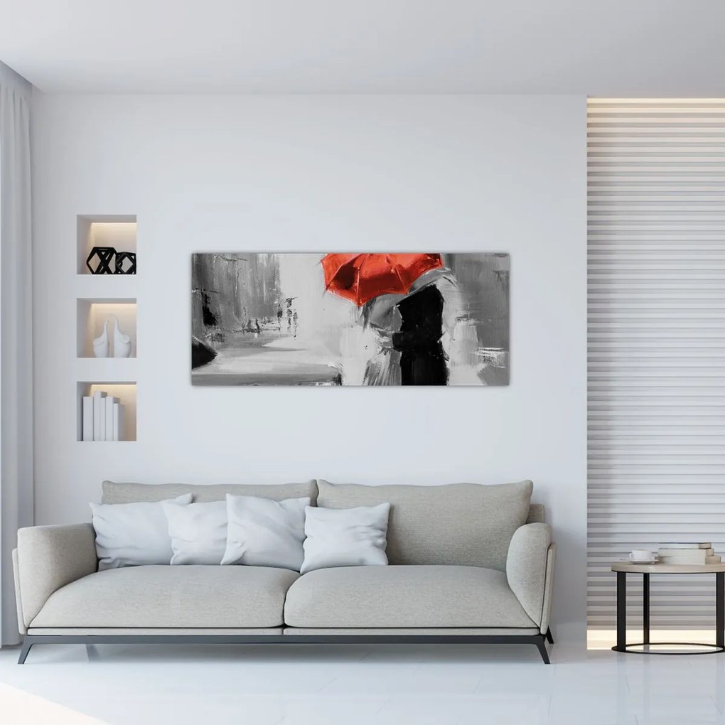 Tablou - Cuplu în dragoste sub o umbrelă, roșu (120x50 cm)