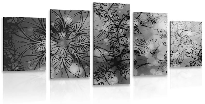 Tablou 5-piese Mandale florală în design alb-negru
