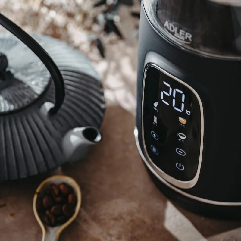 Cana electrica Adler AD 1305 BS, 1850/2200 W, 1,7 L, Control tactil, Afisaj LCD color, 5 setari de temperatura 40-100°C, Filtru anticalcar, Negru/Gri